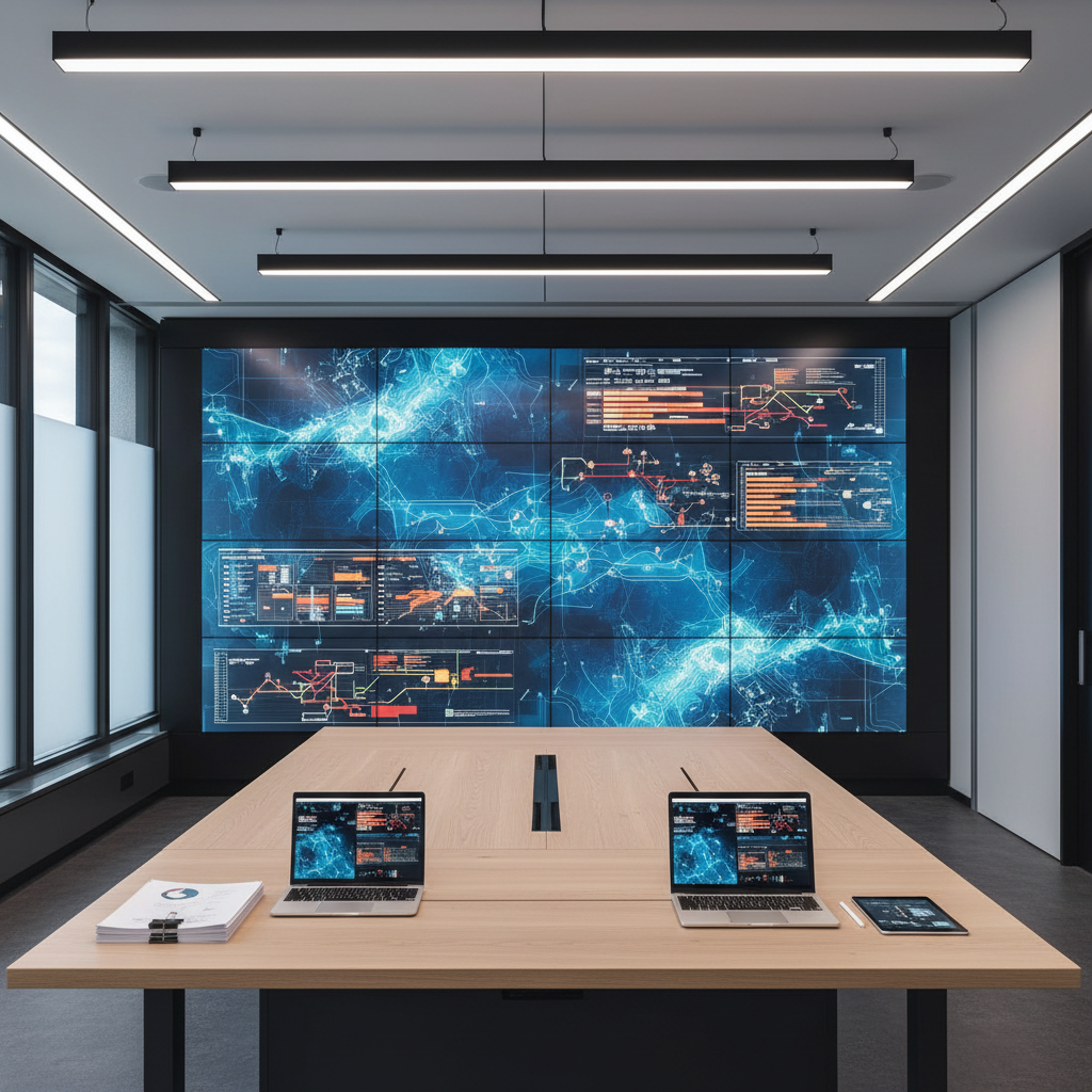 A modern strategy war room with an expansive digital wall made of multiple seamless screens displaying abstracted maps, timelines, and flow diagrams without readable text. In front, a standing-height island table in light oak holds a few open ultrathin laptops, a tablet with a stylus, and a small cluster of printed reports secured with minimalist clips. Cool, diffused ceiling lighting combines with subtle window light from the side, lending a focused, analytical mood. Photographic realism from a slightly elevated angle, with strong leading lines drawing the eye toward the visualization wall, symbolizing data-driven corporate consulting and scenario planning.