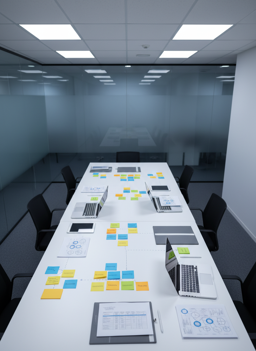 A sleek consulting workspace featuring a large matte white table covered with color-coded sticky notes, printed diagrams without legible text, and open binders displaying structured tables. Three distinct sets of hands are absent; instead, only neatly arranged tools such as tablets, wireless keyboards, and slim silver laptops imply diverse team collaboration. Overhead LED panel lighting creates even, shadow-free illumination, enhancing the crisp, analytical atmosphere. Photographic realism, top-down perspective emphasizing order and process. In the softly blurred background, glass partitions and muted blue accent walls convey a contemporary corporate office dedicated to structured business planning and advisory work.